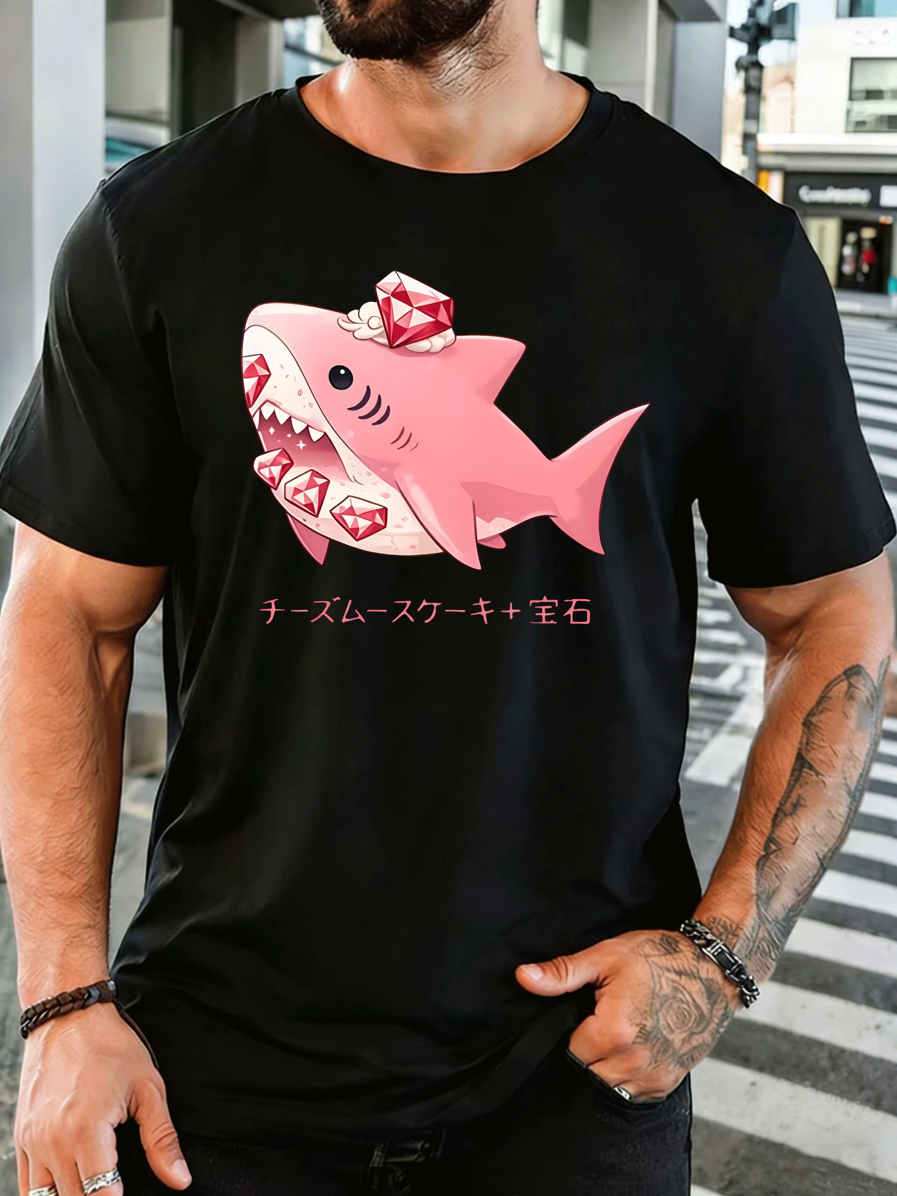 Men'S Fashion Pink Shirt - 귀여운 분홍색 상어와 빨간 보석 장식이