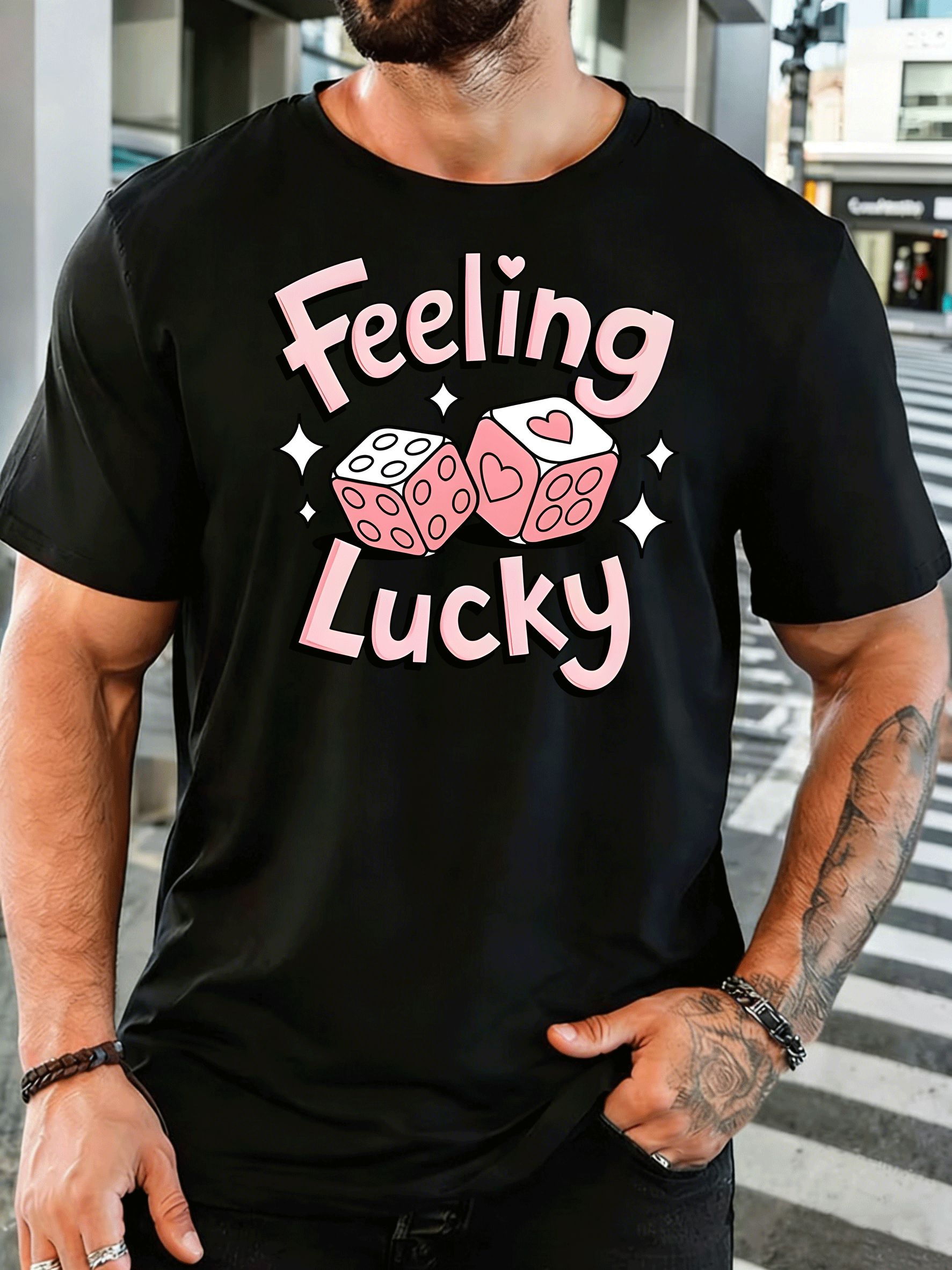 Men'S Fashion Pink Shirt - 행운을 상징하는 핑크색 하트 주사위가 프린트된