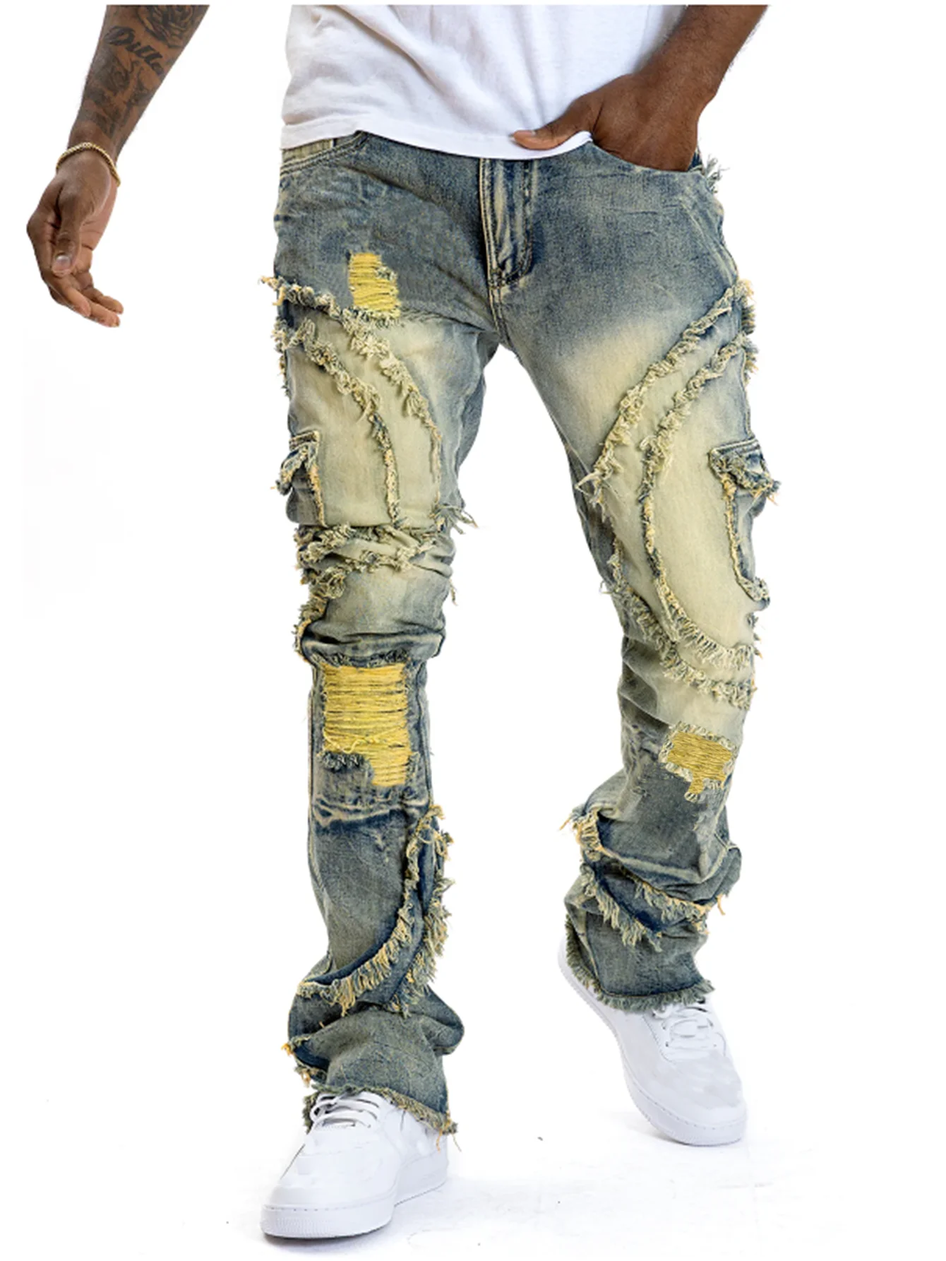 Men'S Fashion Jeans 2025 - 2025 신사복 찢어진 쌓인 청바지 악세사리