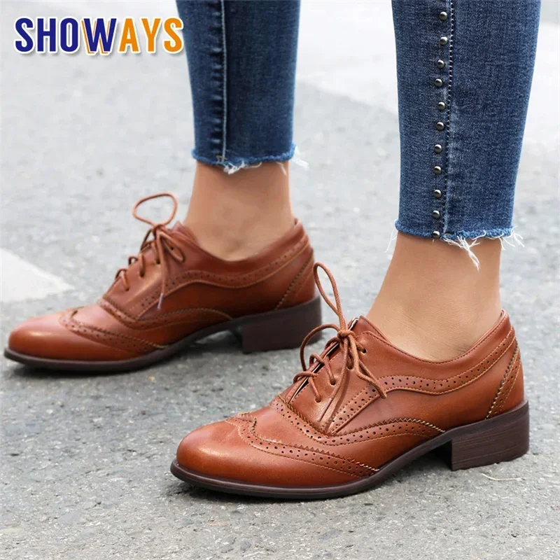 Oxford Shoes Brogue - 영국 플랫 여성 옥스퍼드 미드 스퀘어
