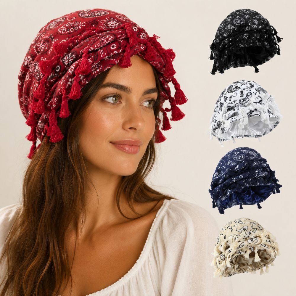 Men'S Fashion Head Scarf - 빈티지 새틴 트위스트 헤드랩 캐슈넛 프린트