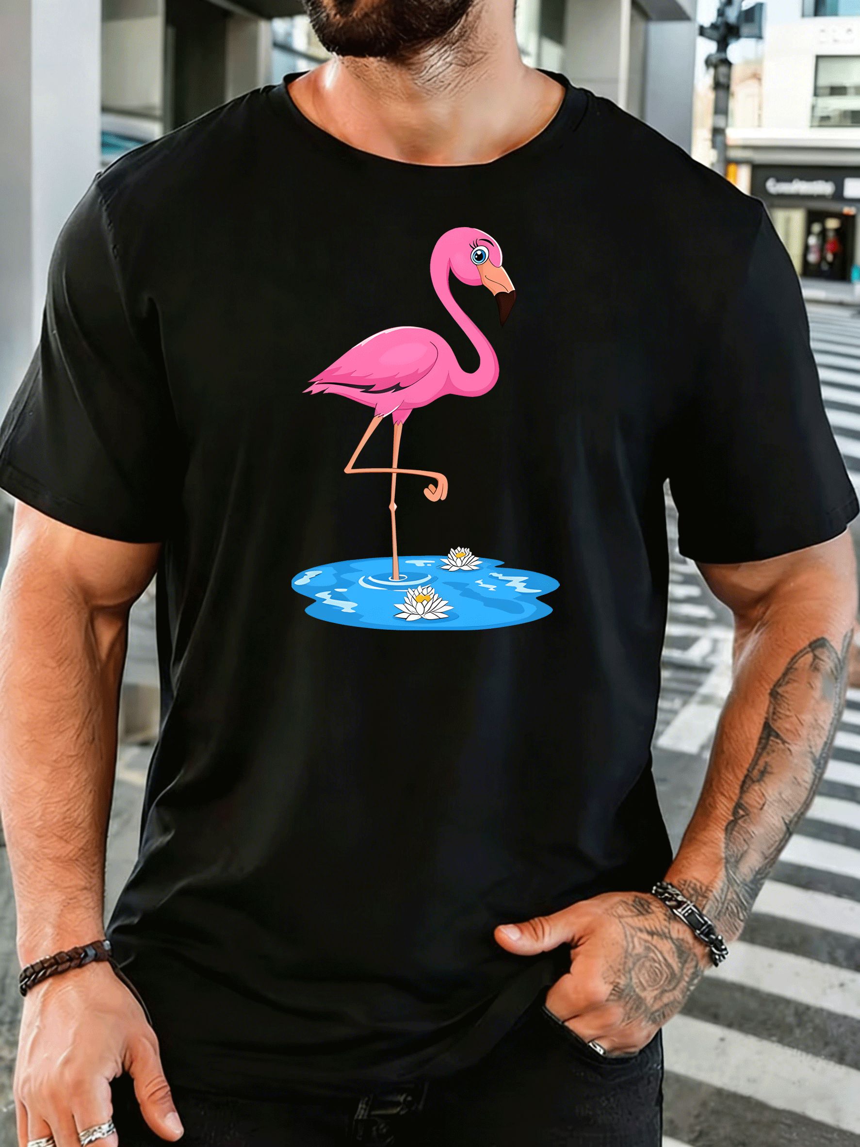 Men'S Fashion Pink Shirt - 남성용 반팔 티셔츠, 귀여운 핑크색 플라밍고