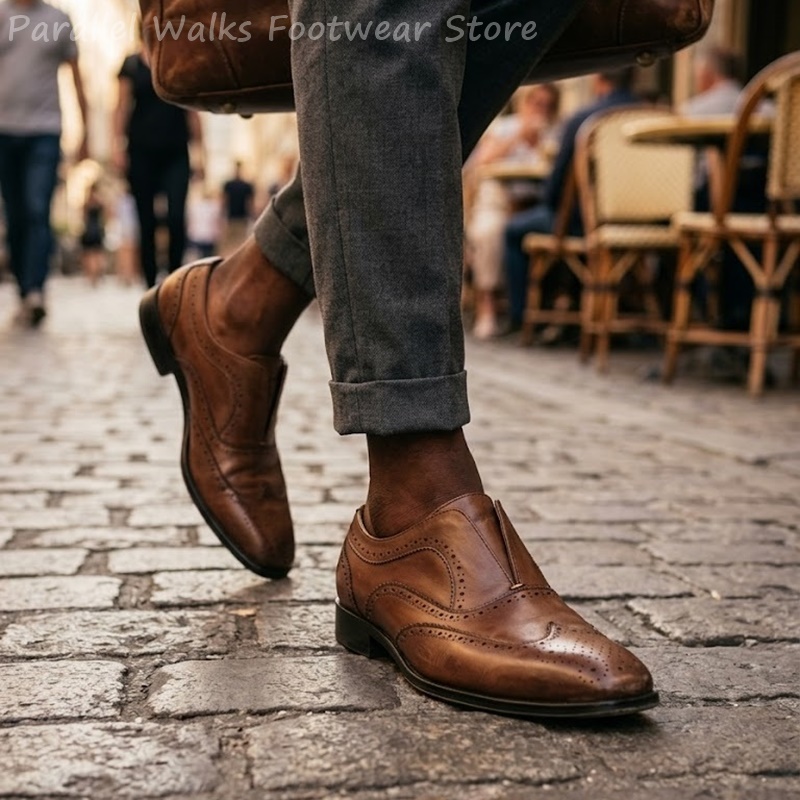 Oxford Shoes Brogue - 남성용 브라운 가죽 브로그 슈즈 슬립온
