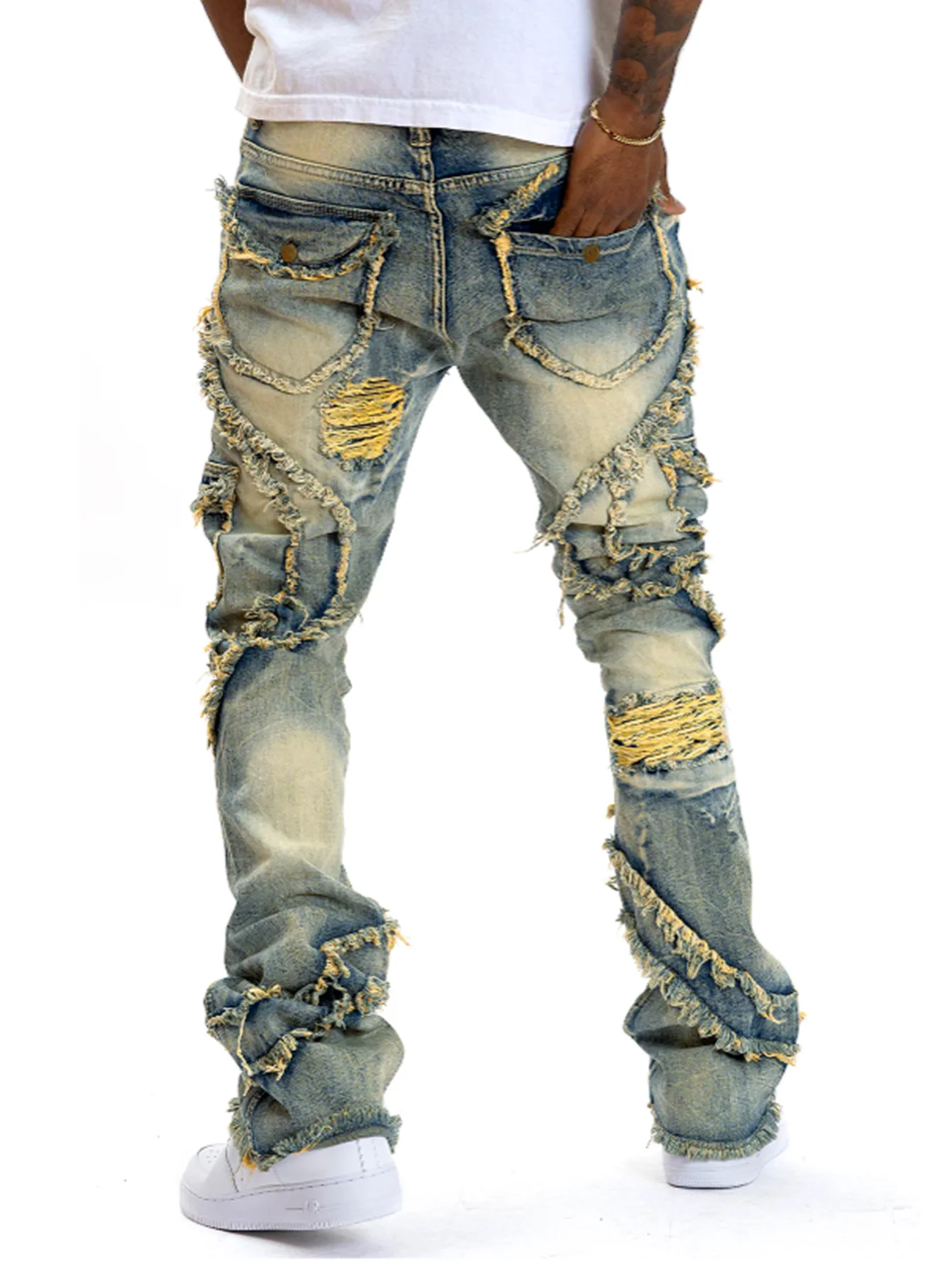2025 신사복 찢어진 쌓인 청바지 악세사리 슬림 피트 - Men'S Fashion Jeans 2025 리뷰 및 가격