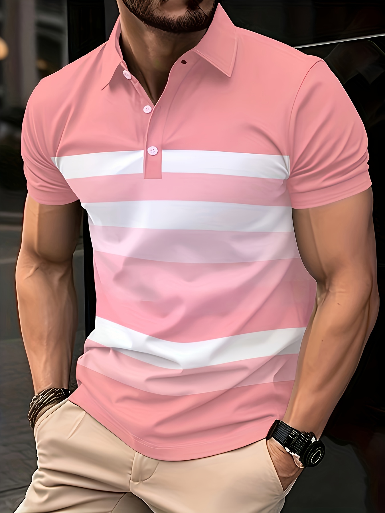 여름 핑크 스트라이프 프린트 남성 반팔 칼라 셔츠 패션 - Men'S Fashion Pink Shirt 리뷰 및 가격