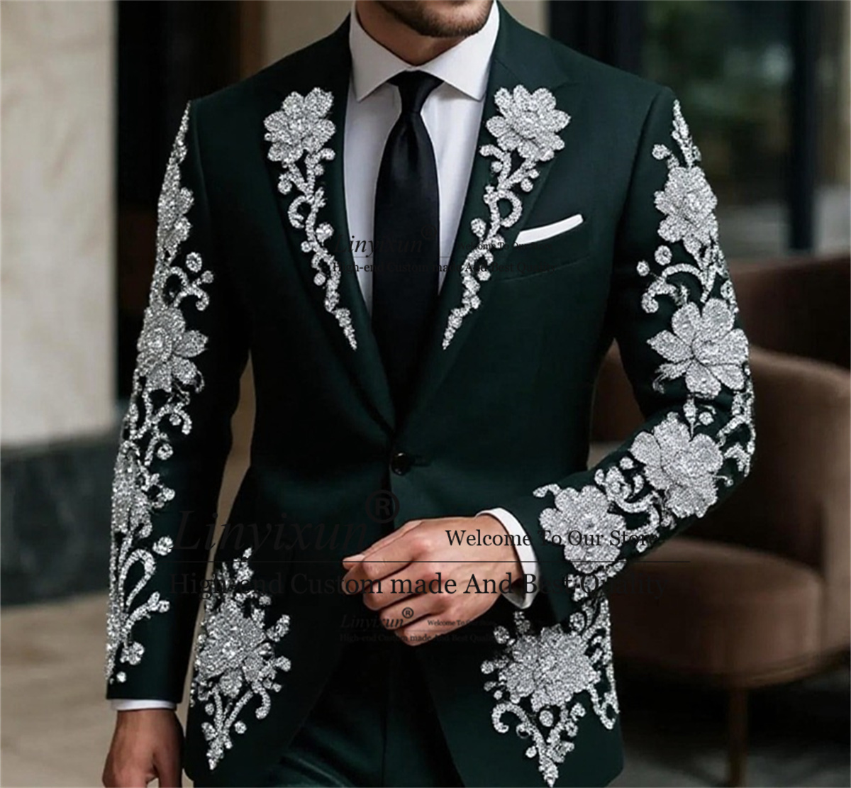 패션 크리스탈 플로어 남성 웨딩 정장 2피스 세트 남성 - Mens Fashion Trajes 리뷰 및 가격