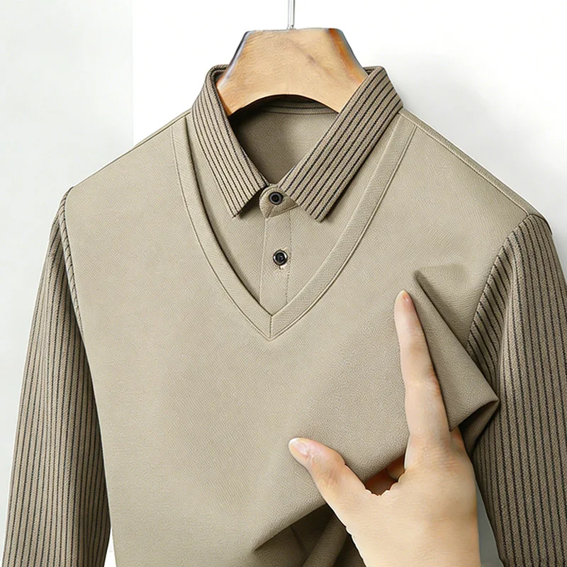 남성용 페이크 투피스 셔츠 칼라 V넥 긴팔 탑 카키 스 - Fashion Mens Shirt 리뷰 및 가격