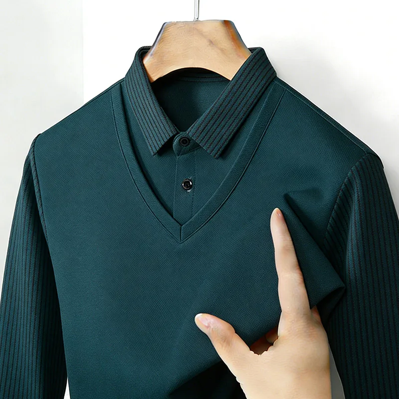 남성용 페이크 투피스 셔츠 칼라 V넥 긴팔 탑 카키 스 - Fashion Mens Shirt 리뷰 및 가격