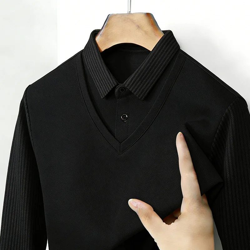 남성용 페이크 투피스 셔츠 칼라 V넥 긴팔 탑 카키 스 - Fashion Mens Shirt 리뷰 및 가격