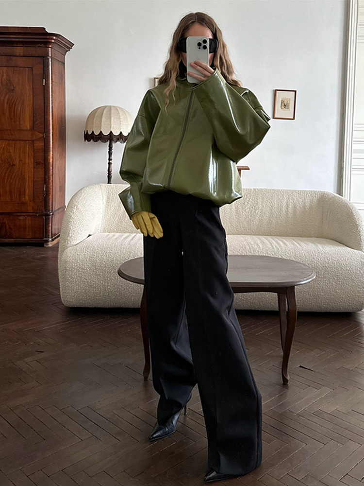 패션 그린 숏 가죽 재킷 여성 루즈 스탠드 넥 코트 스 - Mens Fashion Autumn 2025 리뷰 및 가격