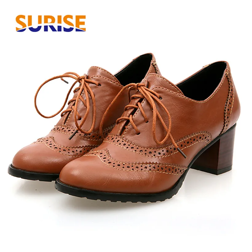 영국 여성 옥스포드 하이 블록 힐 펌프스, 갈색 가죽  - Oxford Shoes Brogue 리뷰 및 가격