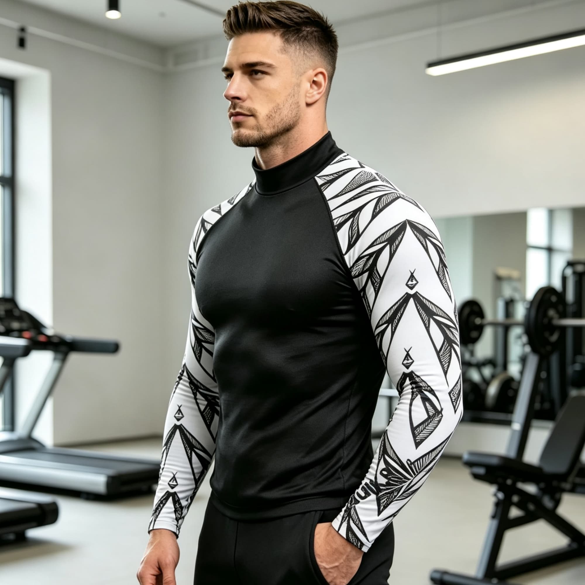 기하학적 프린트 스플라이스 모크넥 긴소매 남성용 컴프레 - Compression Shirt Workout 리뷰 및 가격
