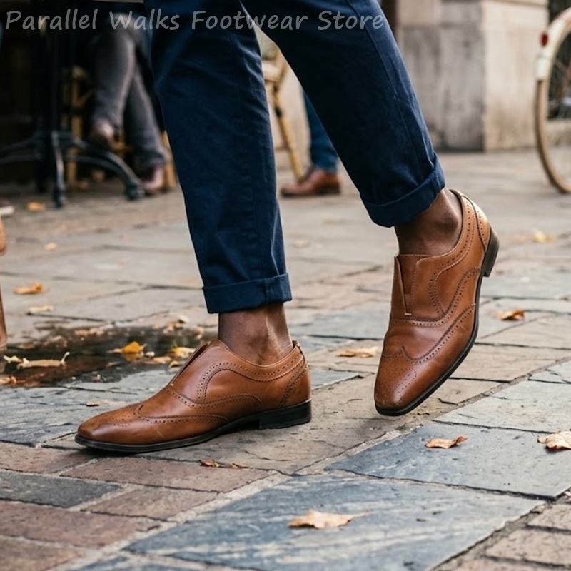 남성용 브라운 가죽 브로그 슈즈 슬립온 탄성 천공 윙팁 - Oxford Shoes Brogue 리뷰 및 가격