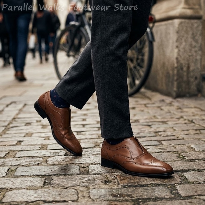 남성용 브라운 가죽 브로그 슈즈 슬립온 탄성 천공 윙팁 - Oxford Shoes Brogue 리뷰 및 가격
