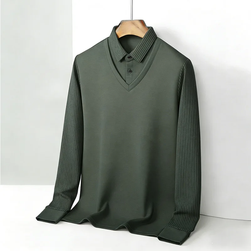 남성용 페이크 투피스 셔츠 칼라 브이넥 긴팔 탑 카키  - Fashion Mens Shirt 리뷰 및 가격