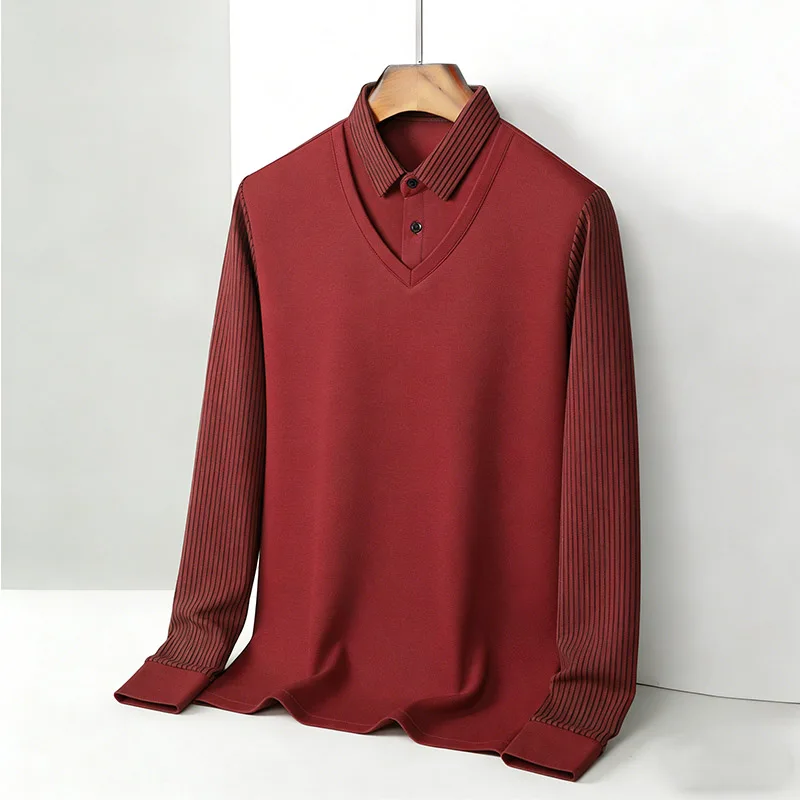남성용 페이크 투피스 셔츠 칼라 브이넥 긴팔 탑 카키  - Fashion Mens Shirt 리뷰 및 가격