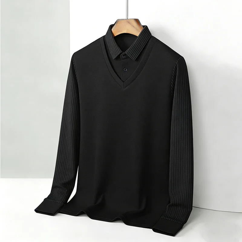 남성용 페이크 투피스 셔츠 칼라 브이넥 긴팔 탑 카키  - Fashion Mens Shirt 리뷰 및 가격